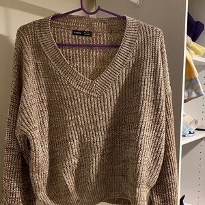 SHEIN Taupe Marled V-Neck Chunky Knit Sweater